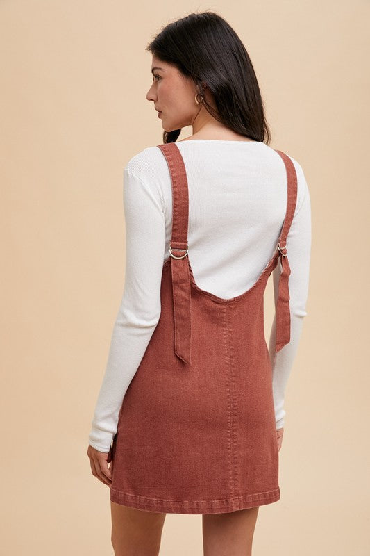 Arianna® | V-neck denim overall dress with adjustable straps and pockets