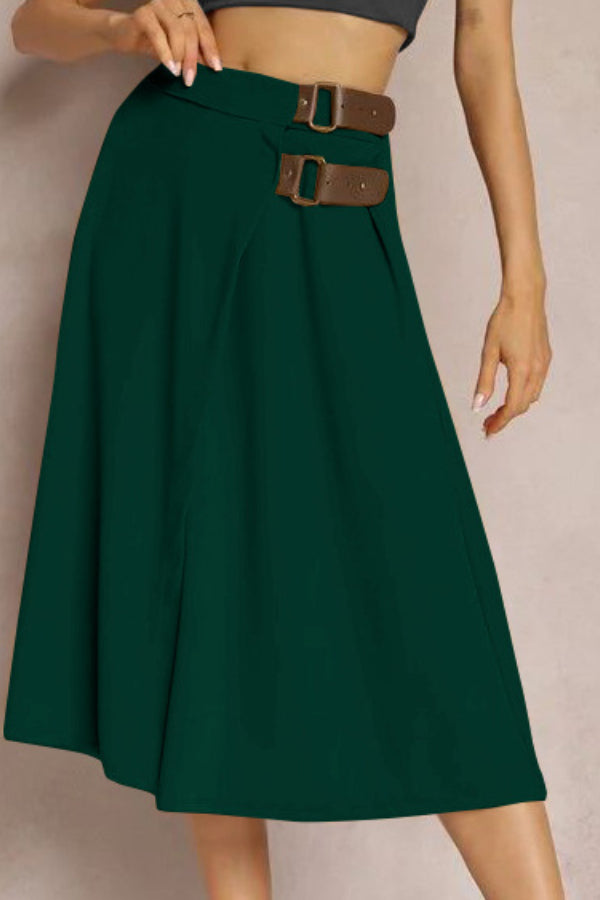 Angelica® | Solid color fashion skirt with leather stitching, elegant and artistic retro skirt for women