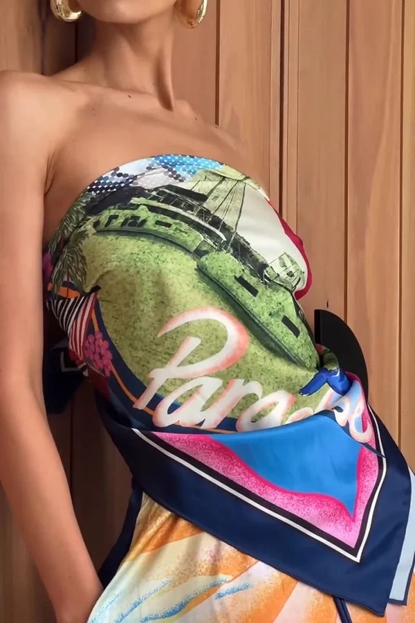 Carmen® | Seaside knotted shawl top and loose satin maxi skirt set with unique print