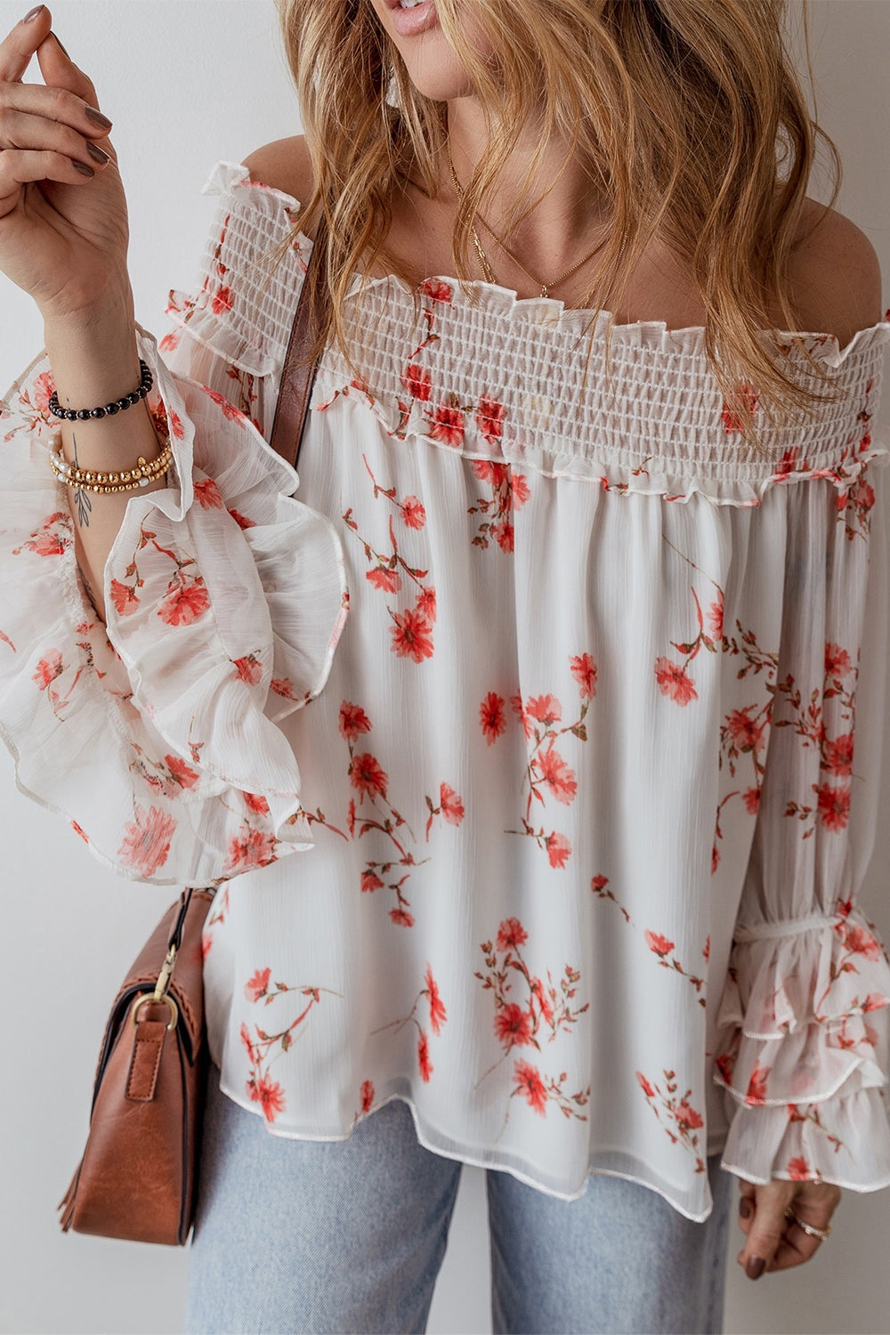 Barbara® | Smocked, off-the-shoulder blouse with flounced sleeves and a floral pattern