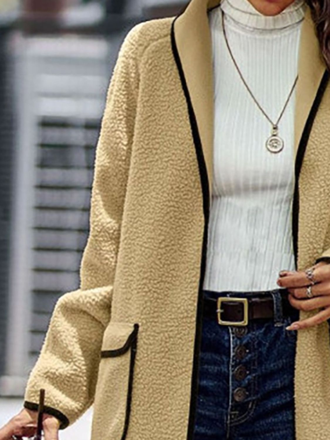 Claudia® | Full size long sleeve coat with contrast trim and pockets