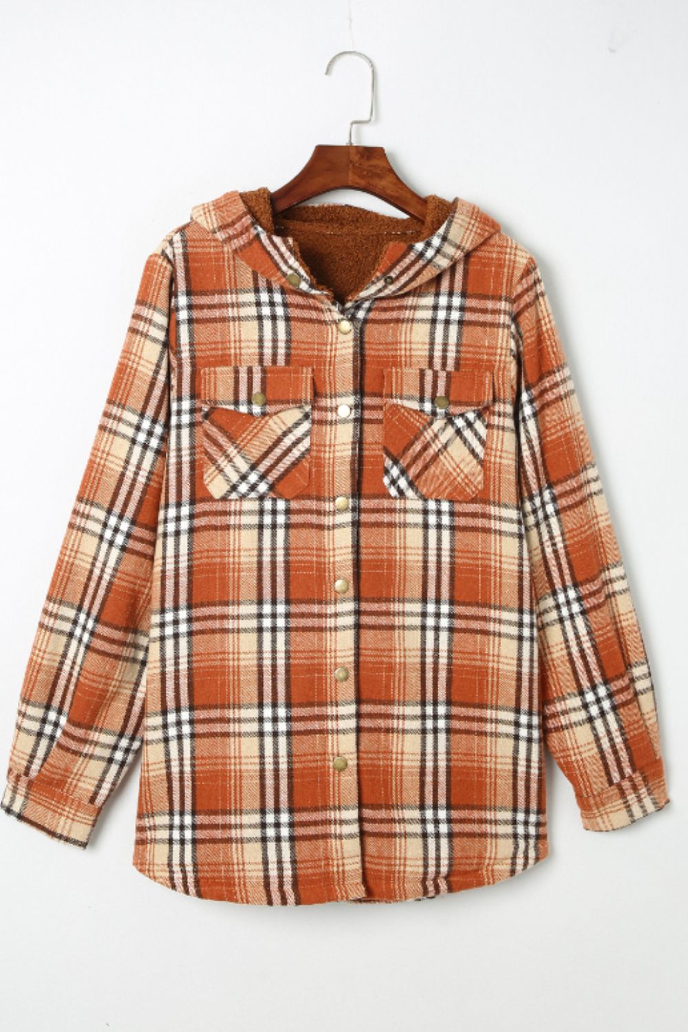 Brigida® | Checked button down long sleeve hooded jacket