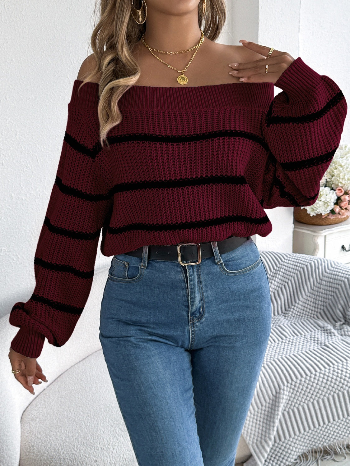 Dorotea® | Striped off-the-shoulder long-sleeve sweater