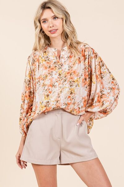 Edna® | Floral blouse with batwing sleeves and button placket