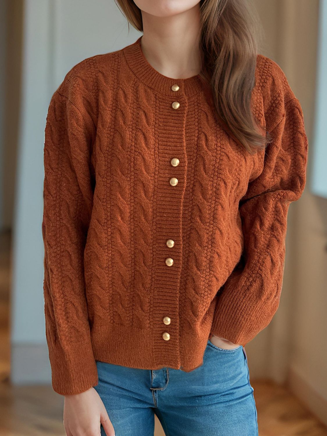 Cristina® | Cable knit cardigan with a crew neck and long sleeves