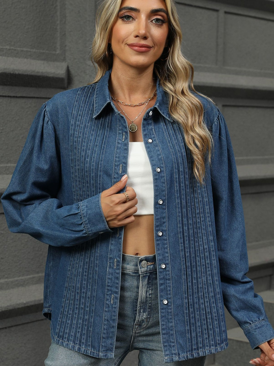Beatrice® | Long sleeve denim top with button down collar and collar