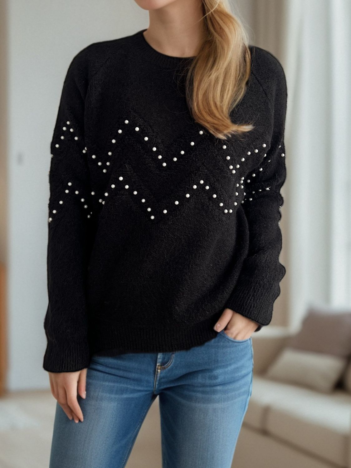 Concepcion® | Round neck sweater with raglan sleeves and pearl trim