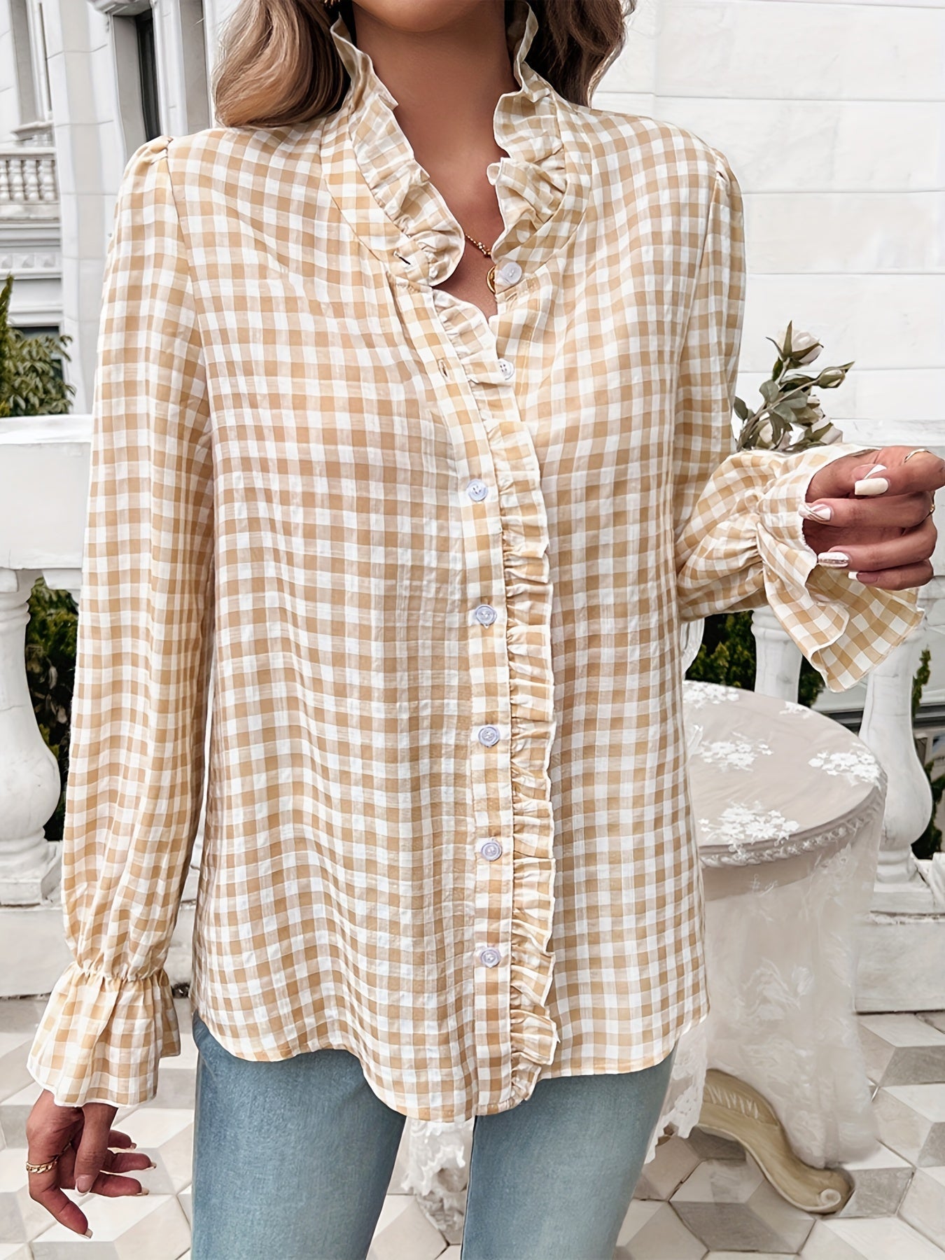 Brelynn® | Elegant Checked Ruffle Blouse With Long Sleeves For Women