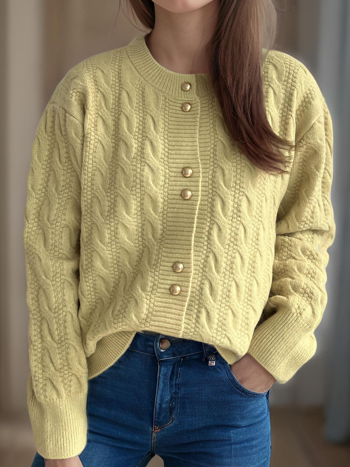 Cristina® | Cable knit cardigan with a crew neck and long sleeves