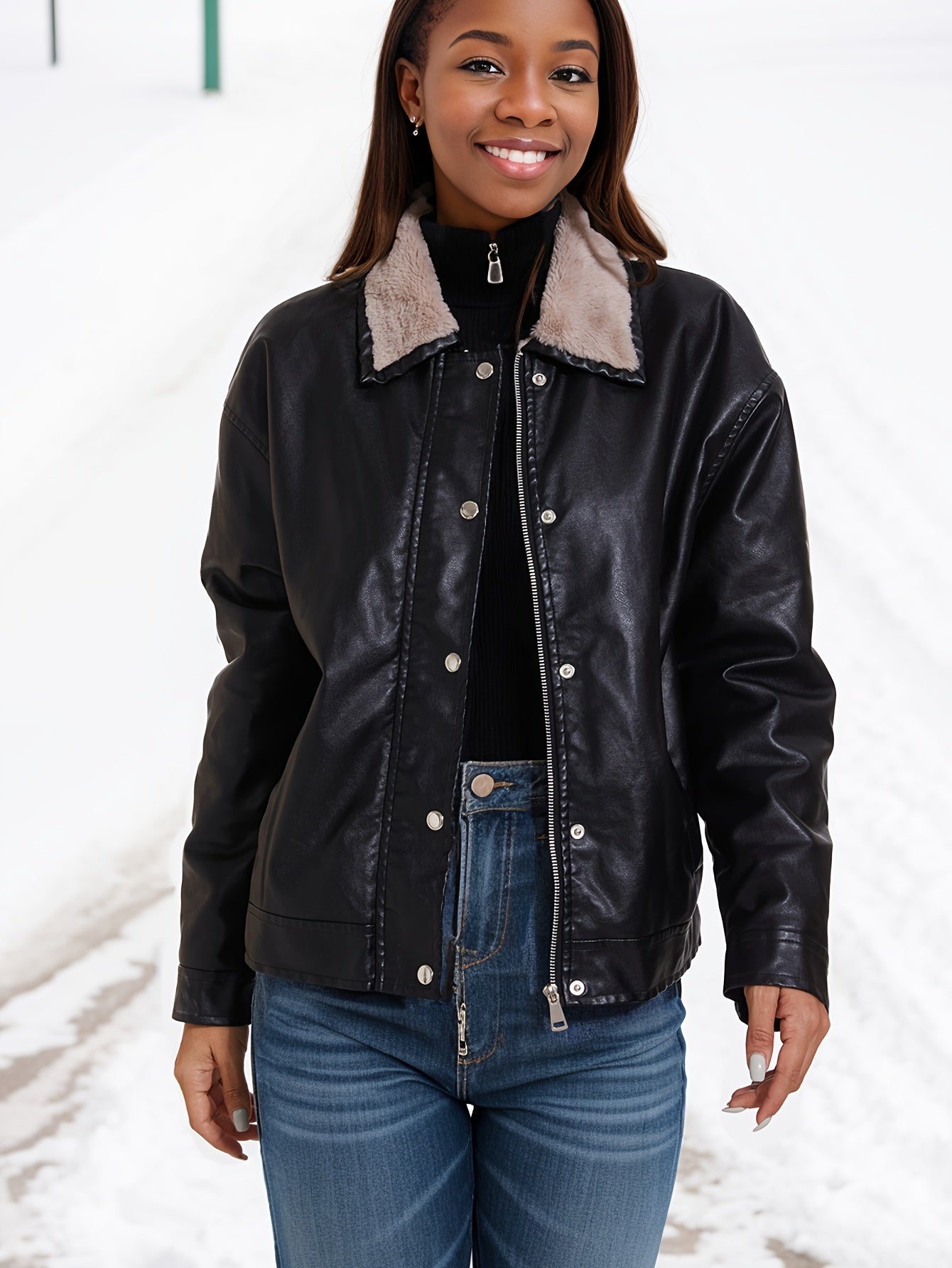 Denise® | Fleece lined PU leather jacket