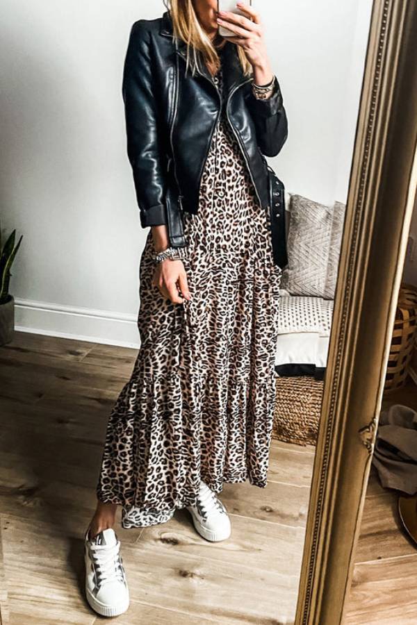 Avery® | Apricot tiered leopard print maxi dress with wide sleeves