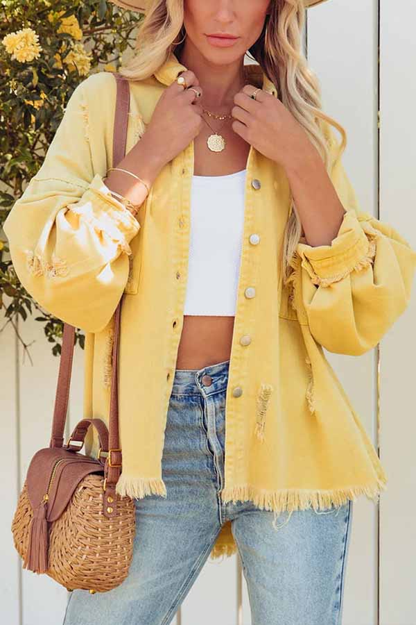 Danna® | Distressed Raw Hem Denim Jacket with Chest Pockets