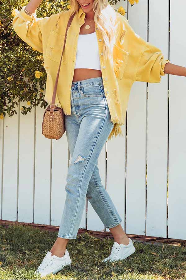 Danna® | Distressed Raw Hem Denim Jacket with Chest Pockets