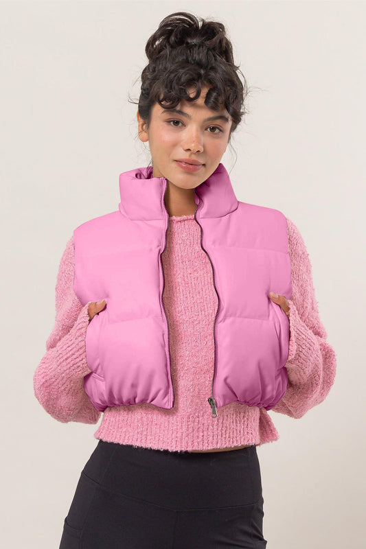 Celia® | Cropped leather puffer vest with zip fastening