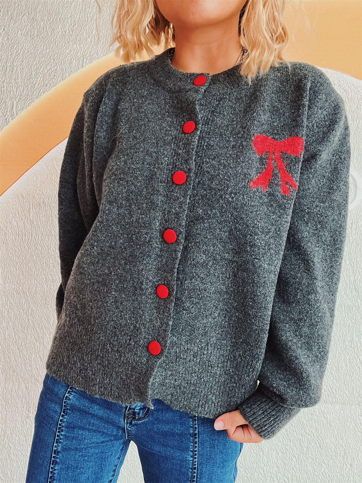 Beate® | Long-sleeved cardigan with bow and round neckline and buttons
