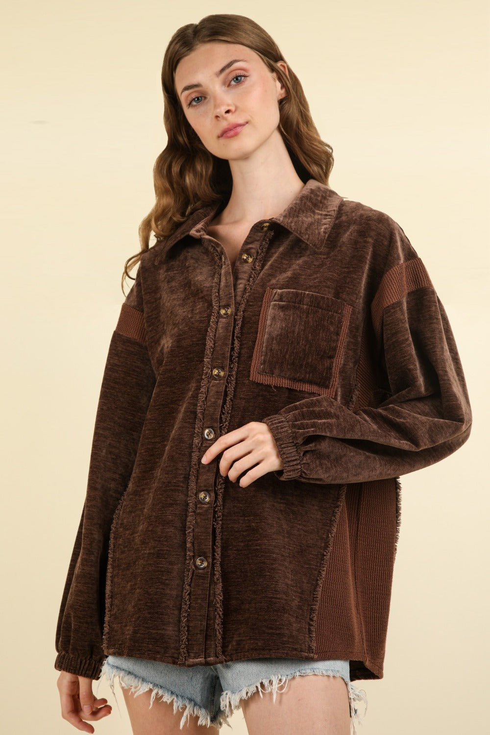 Carmen® | Mixed media button-down jacket with raw hem