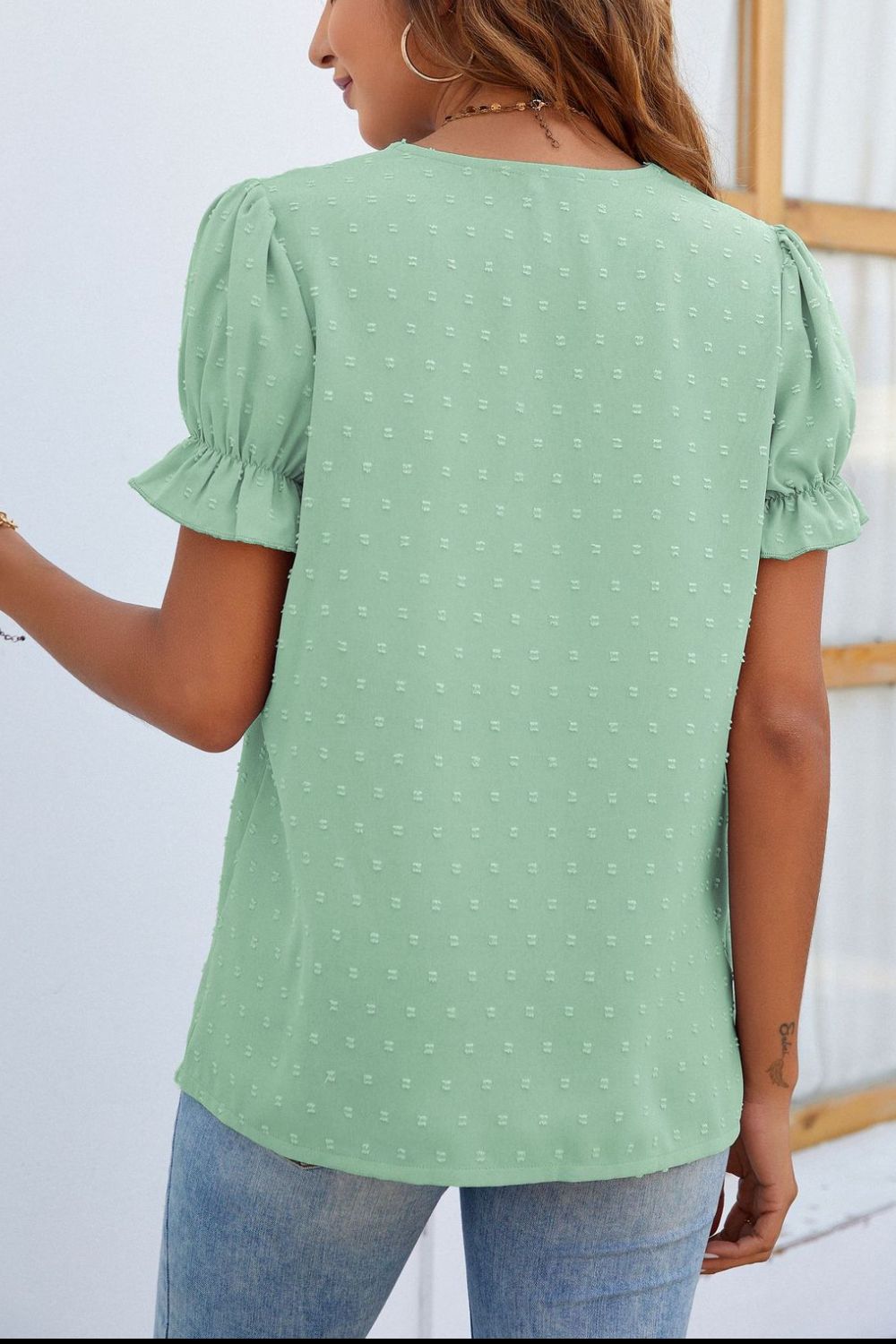 Azul® | Short sleeve blouse with V-neck and Swiss Dot lace detail