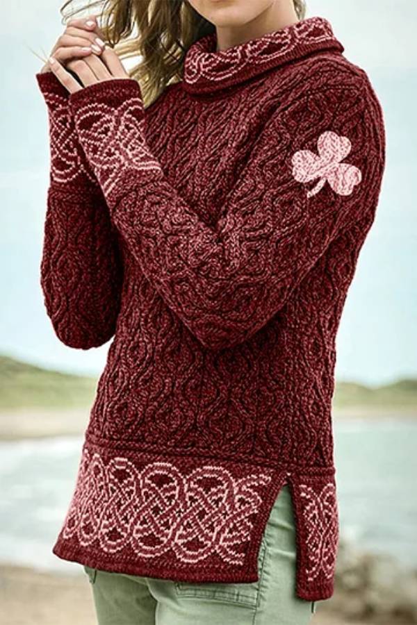 Alicia® | Women's Celtic knotted shamrock turtleneck sweater with creative jacquard