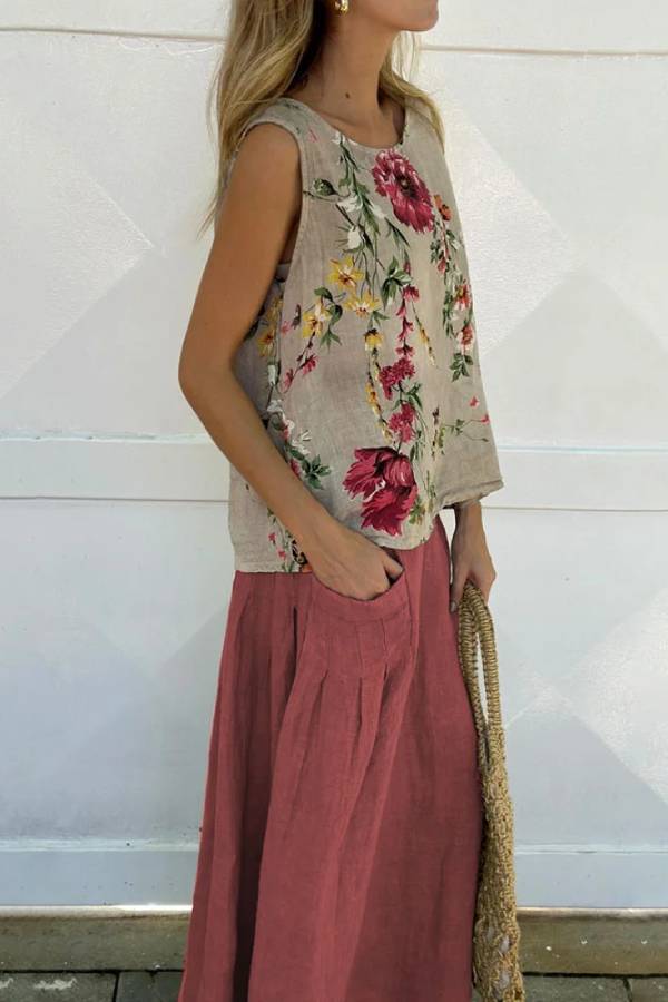 Eliana® | Casual printed cotton linen tank top and skirt two piece set