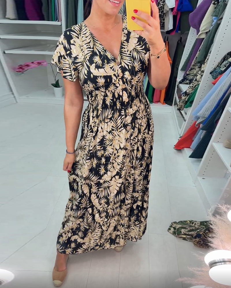 Beatriz® | Short sleeve V-neck leaf print dress