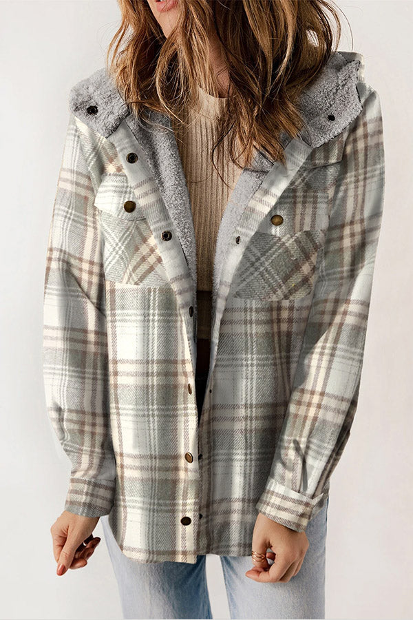 Agustina® | Snap Button Sherpa Lined Hooded Flannel Jacket