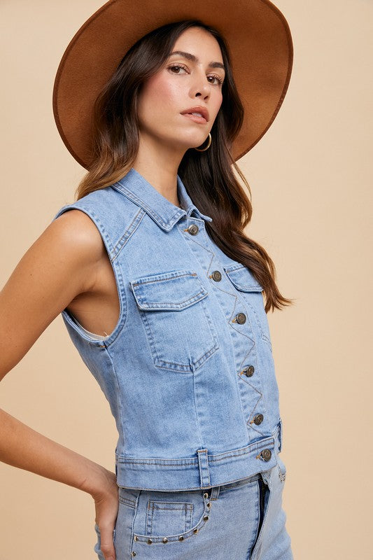 Elara® | Denim vest with collar and button placket