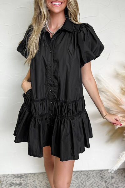 Autumn® | Dress with button placket, puff sleeves and ruffled hem
