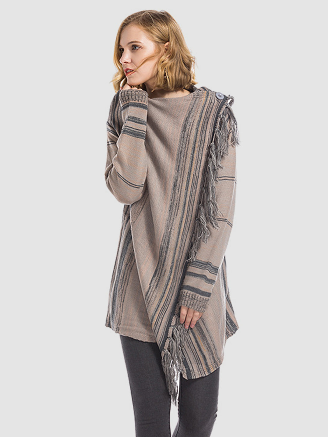 Dagny® | Long sleeve cardigan with tassel stripes and open front