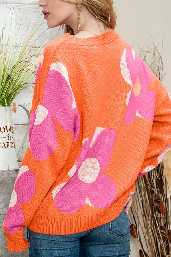 Brenda® | Pink & Orange Floral Cable Knitted Sweater