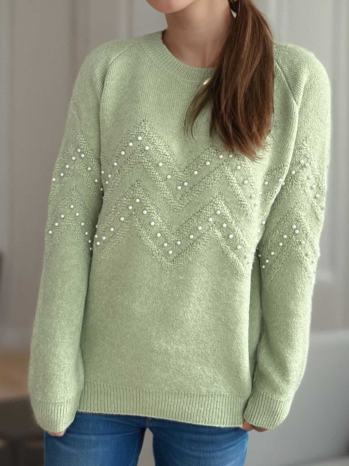 Concepcion® | Round neck sweater with raglan sleeves and pearl trim