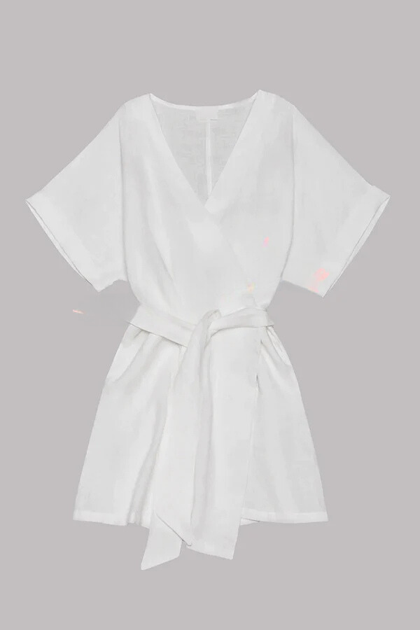 Alba® | Cotton-linen blend kimono mini dress with pockets and belt