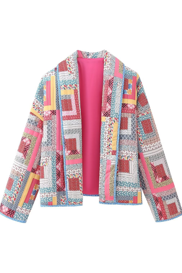 Cristina® | Loose Cardigan Quilted Colorblock Plaid Cotton Jacket
