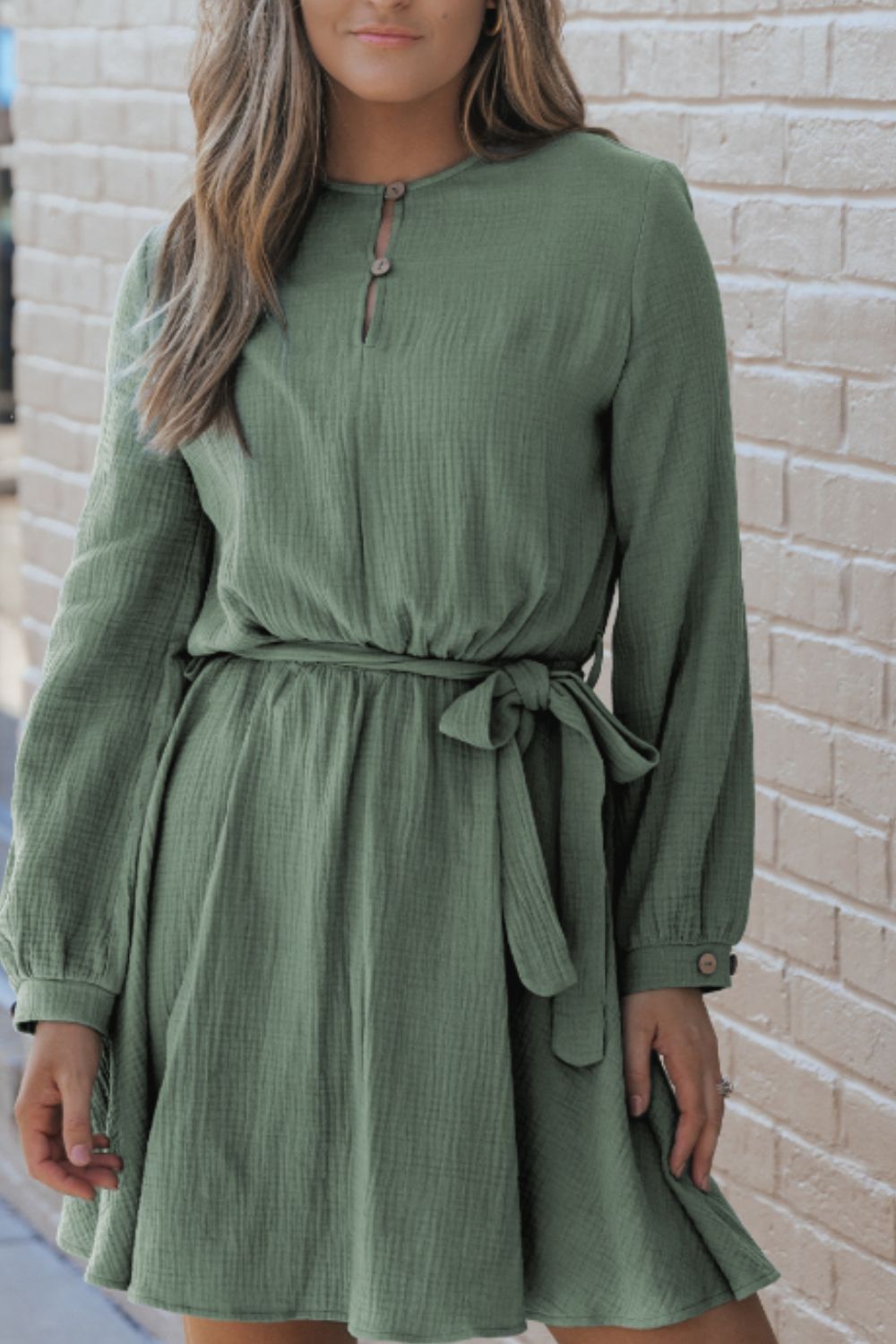 Aurora® | Dress with a round neckline, long sleeves and a tie waist