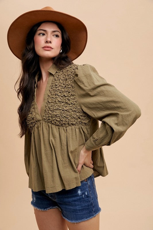 Addison® | Long-sleeved babydoll blouse with a smocked front