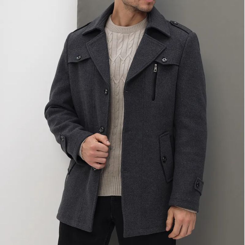 Men’s Mid-Length Coat – Tailored Fit – Wool Blend – Notched Lapel – Button Front