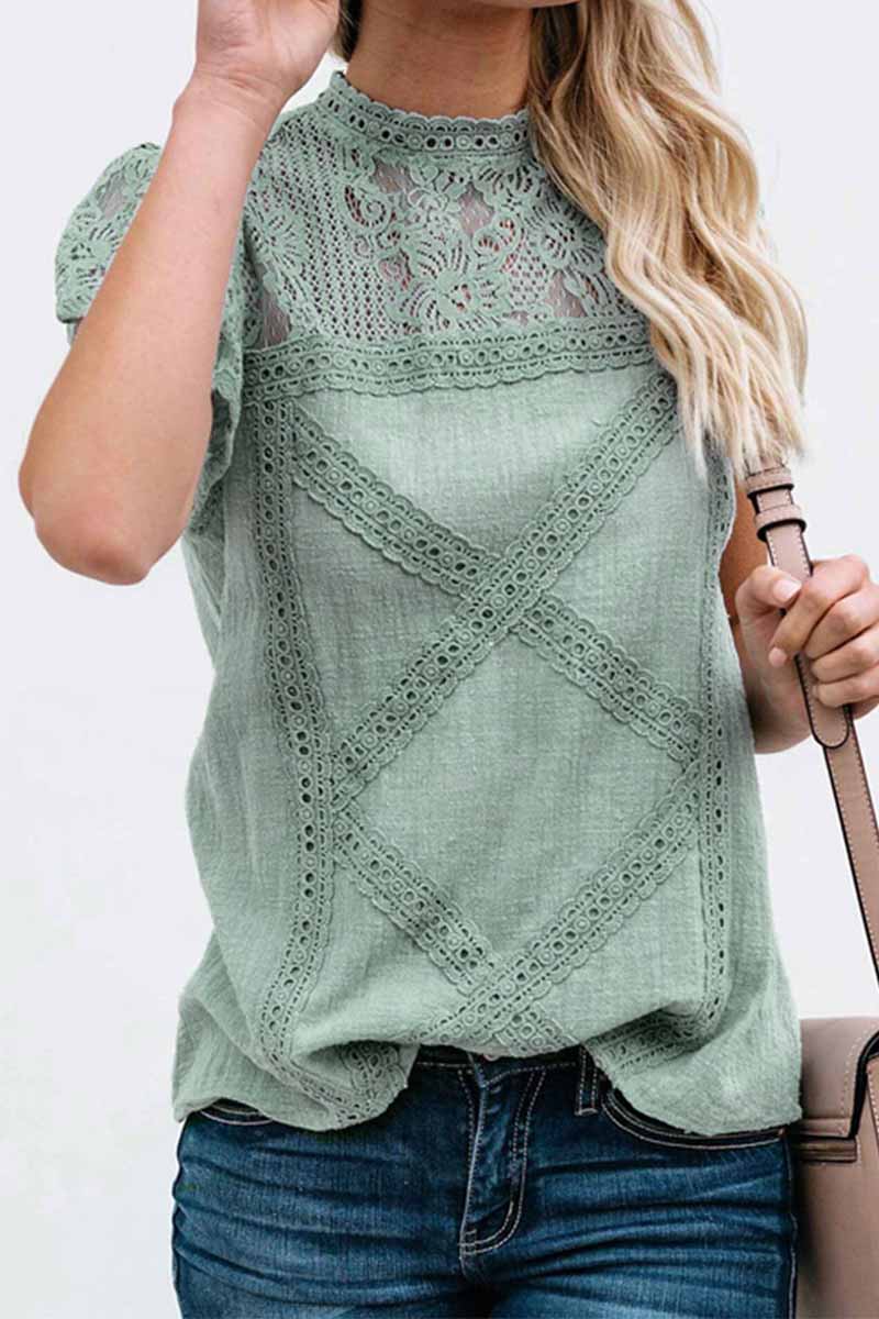 Edvige® | Chic Short-Sleeved Geometric Lace Blouse