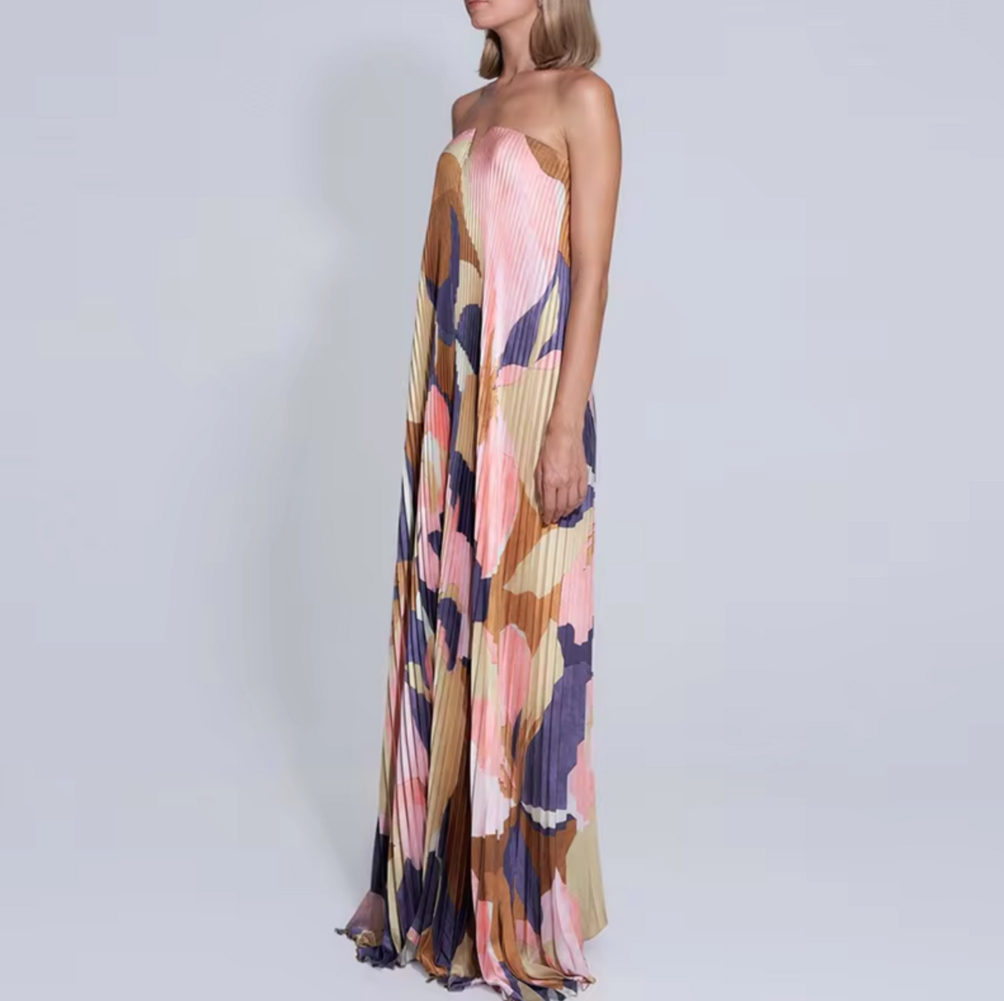 Angela® | Long bandeau dress with floral pattern and pleats