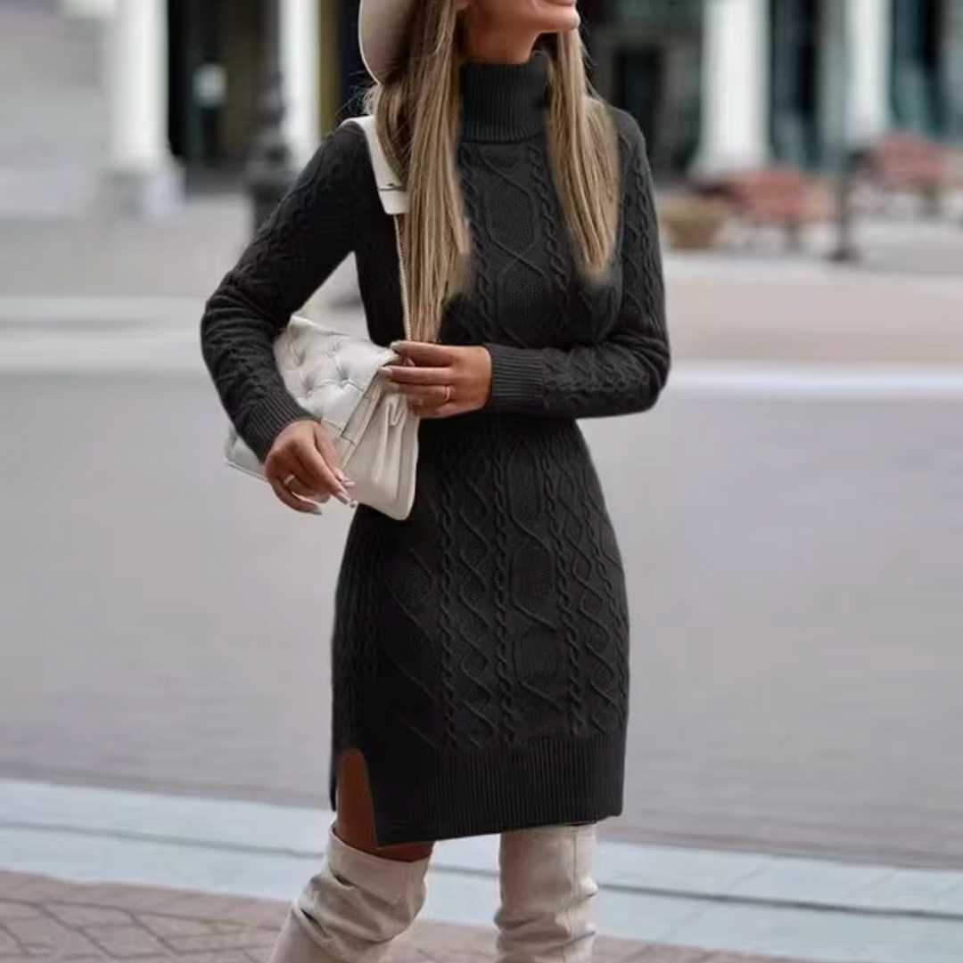 Women’s Knitted Dress – Slim Fit – Turtleneck – Cable Knit – Midi Length – Long Sleeve