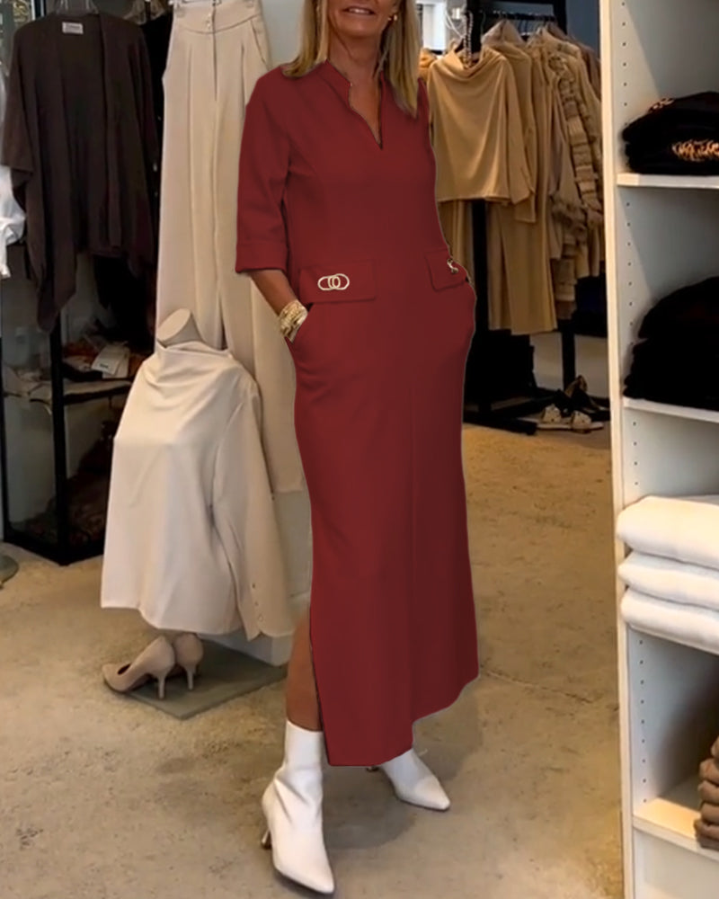 Adela® | Solid color slit dress with 3/4 sleeves