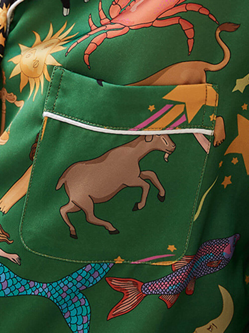 Women’s Pyjama Set – Relaxed Fit – Satin-Like Fabric – Astrological Print – Long Sleeve Top & Wide Leg Bottoms