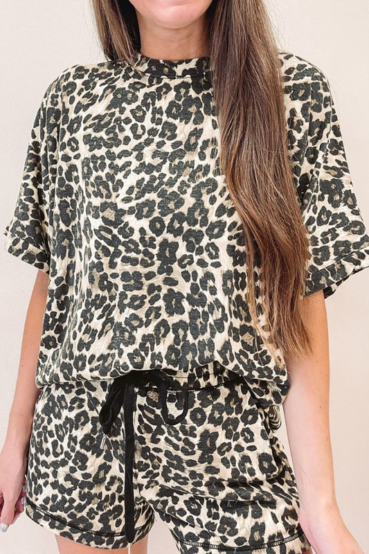 Dulce® | Leopard crew neck top and shorts set