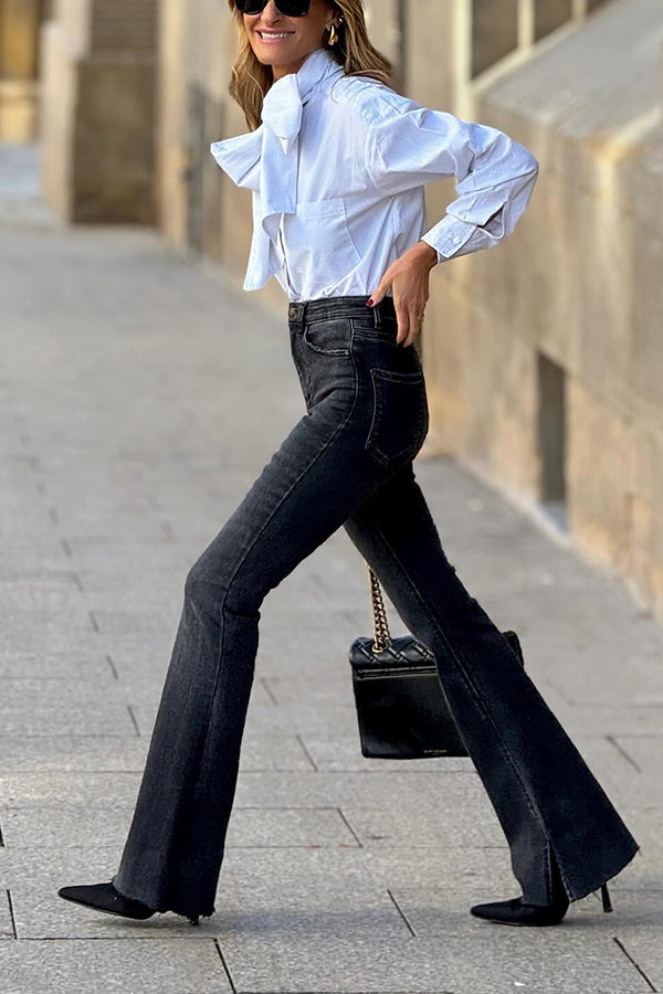 Arya® | Women's long sleeve bow tie shirt, stylish casual loose top