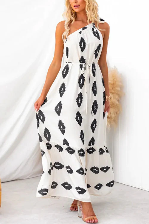 Elena® | Printed ruffle maxi dress with bow and knot at one shoulder