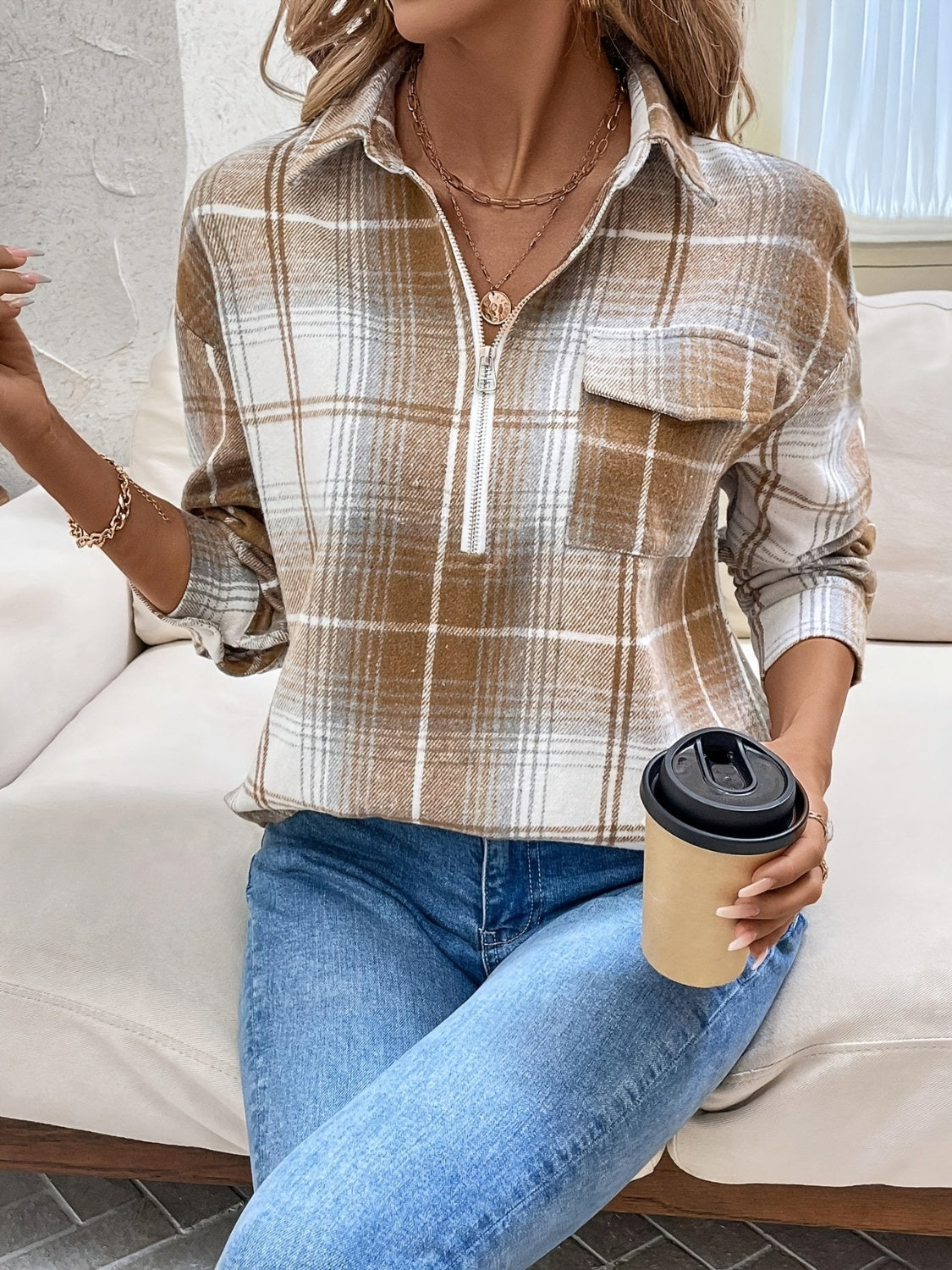 Brenda® | Checked long sleeve top with collar and half zip