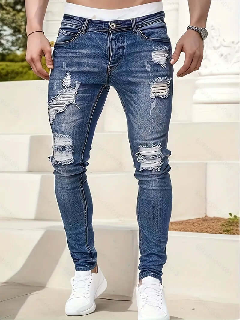 Men’s Skinny Jeans – Distressed Denim – Ripped Knees – Full Length Casual Fit