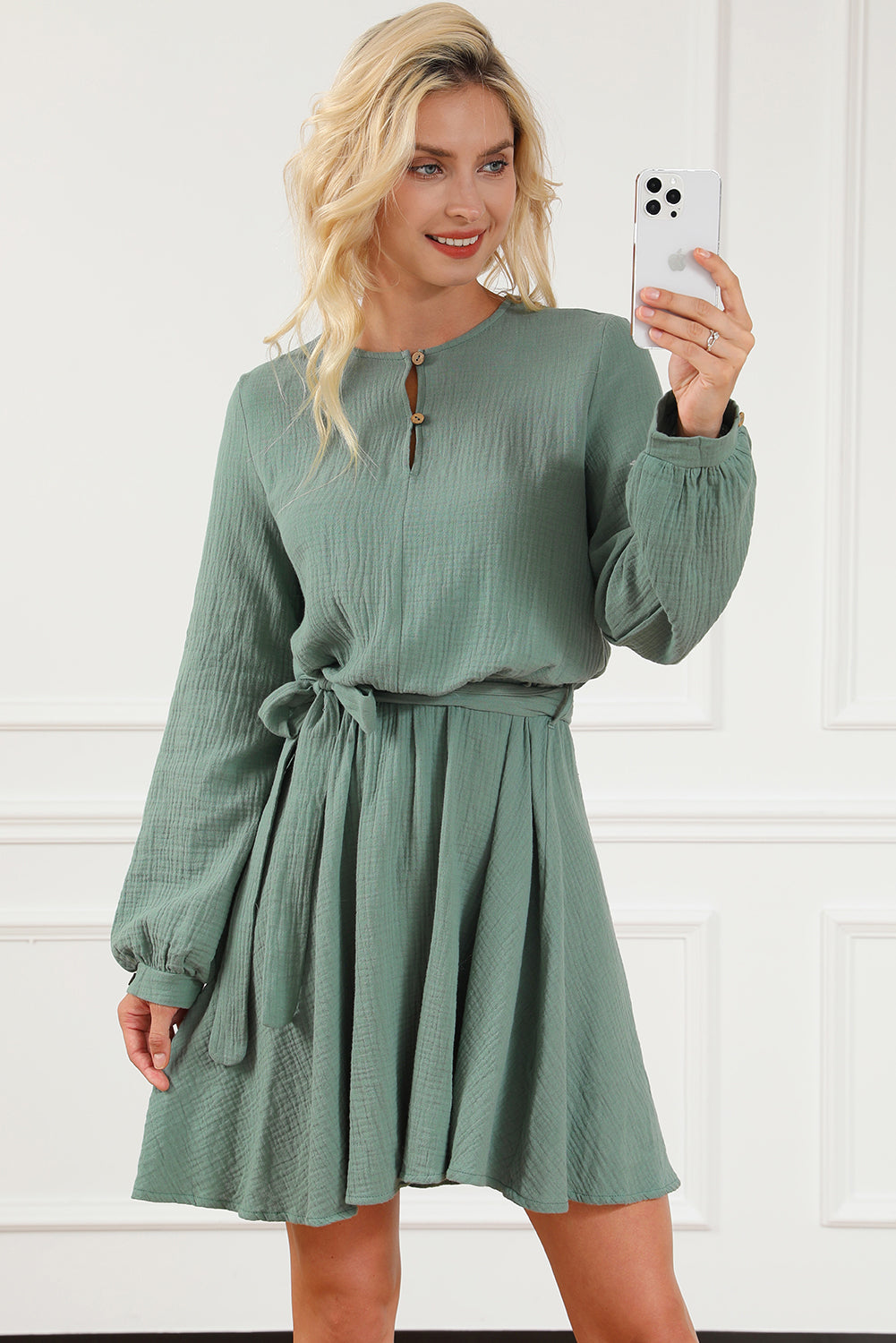 Aurora® | Dress with a round neckline, long sleeves and a tie waist