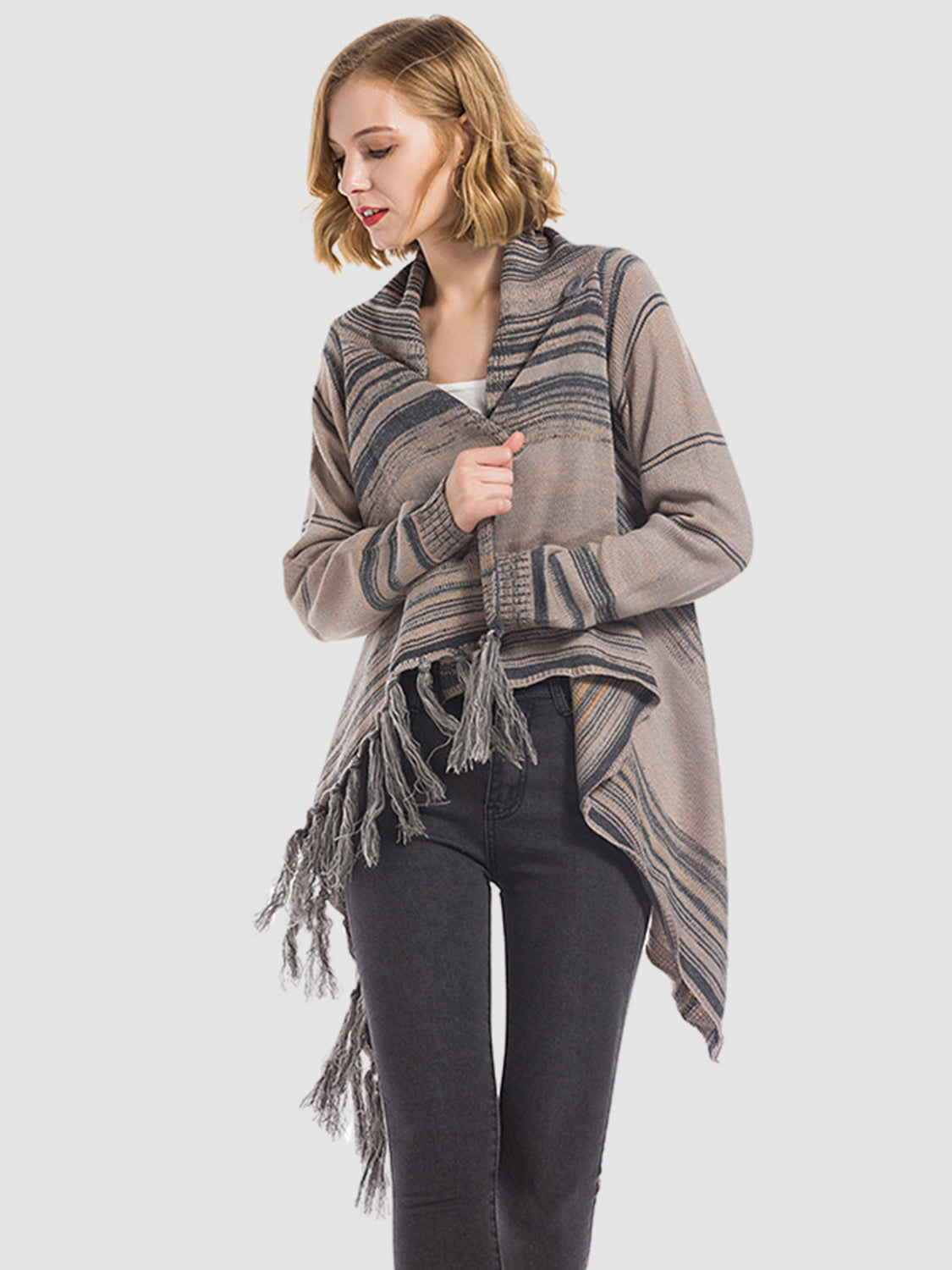 Dagny® | Long sleeve cardigan with tassel stripes and open front