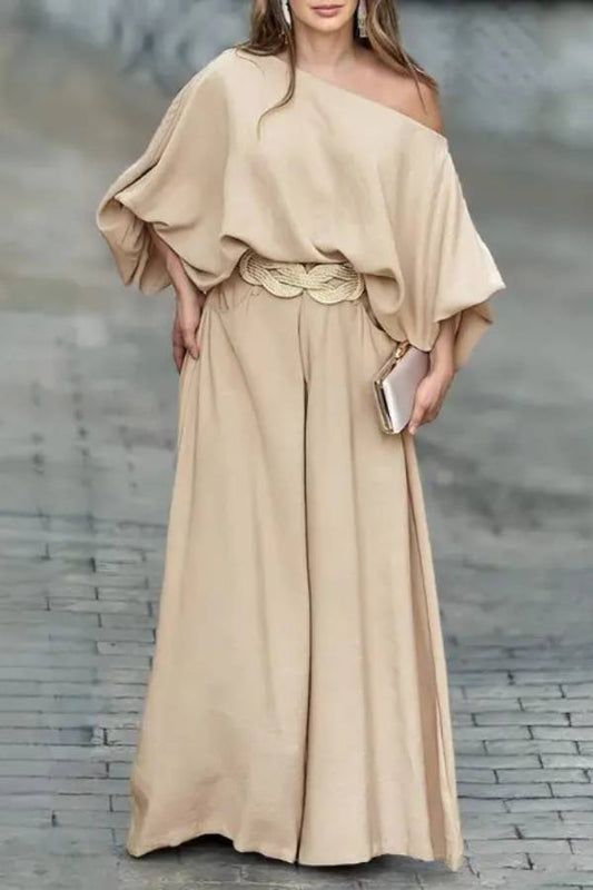 Clara® | Set includes a bias neck top with lantern sleeves and wide leg pants