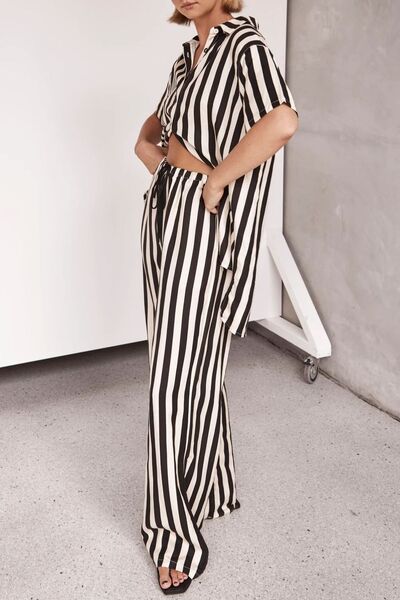 Celeste® | Striped top and pants set with a mid-length collar and collar