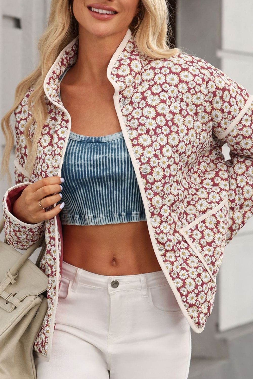 Clara® | Floral print long sleeve outerwear with snap fasteners